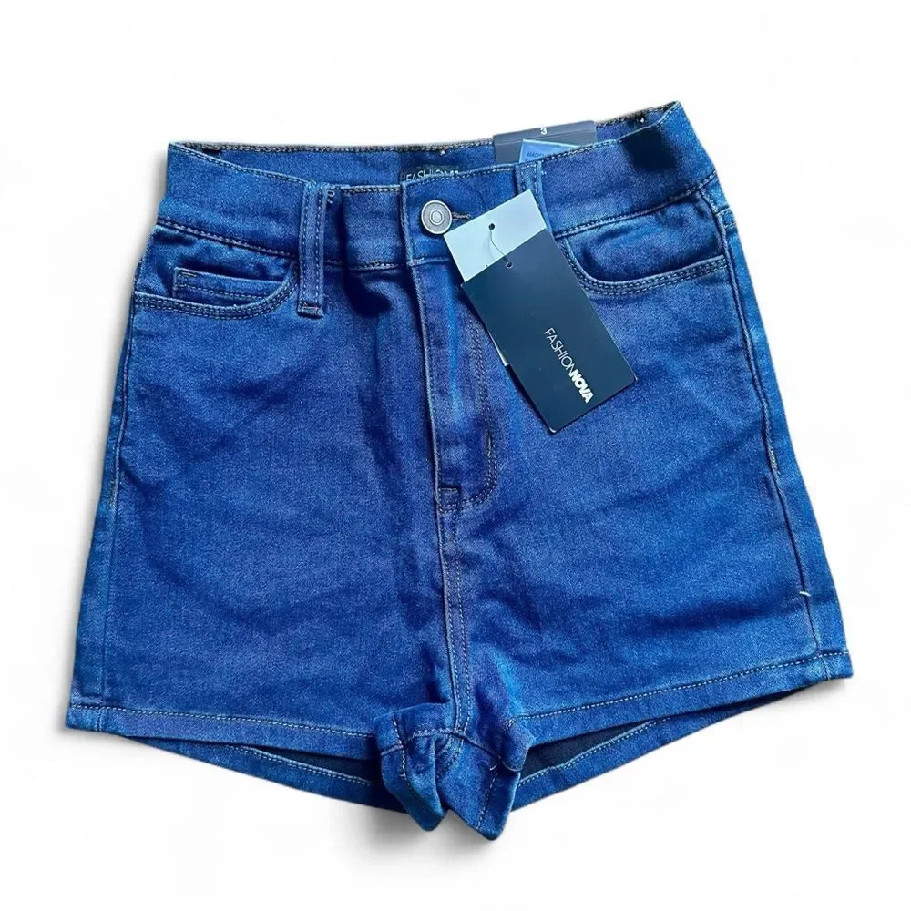 Fashion Nova High Waisted Denim Shorts Dark Wash Stretch Size 3/26 NWT